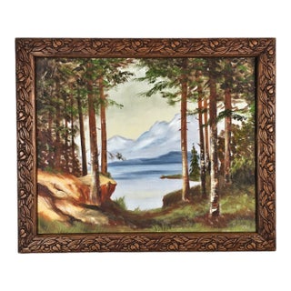 Vintage Framed Landscape Oil Painting With Carved Wood Frame, Mountain Lake Scene, 23.5" For Sale