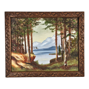 Vintage Framed Landscape Oil Painting With Carved Wood Frame, Mountain Lake Scene, 23.5"