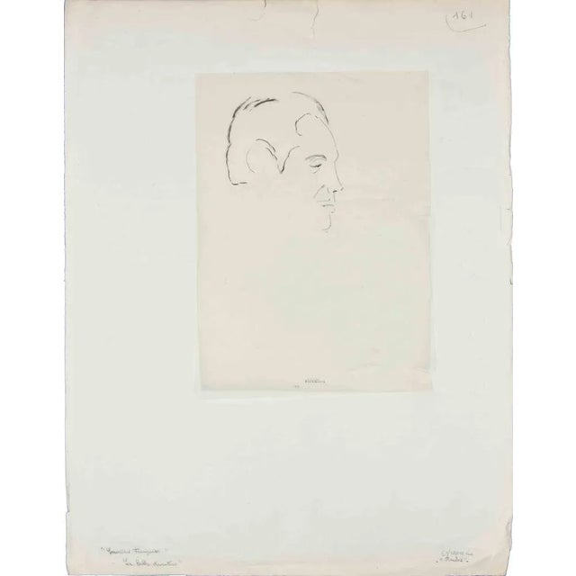 Portrait is a black China ink drawing on paper glued on ivory-colored paper realized in 1950 by Flor David. Signed and...