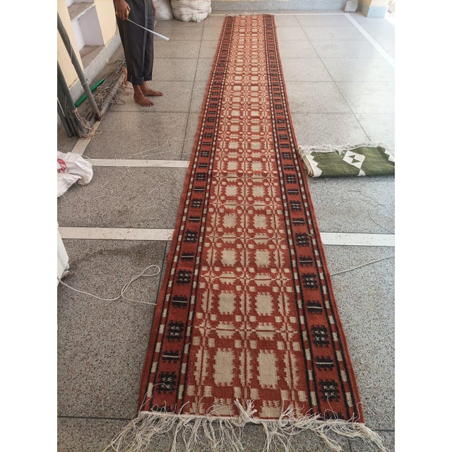 Handmade New Zealand Wool Dhurrie Runner, Terracotta, Cream and Brown Geometric Dhurrie Runner - 2.5'x21.5' For Sale - Image 10 of 14