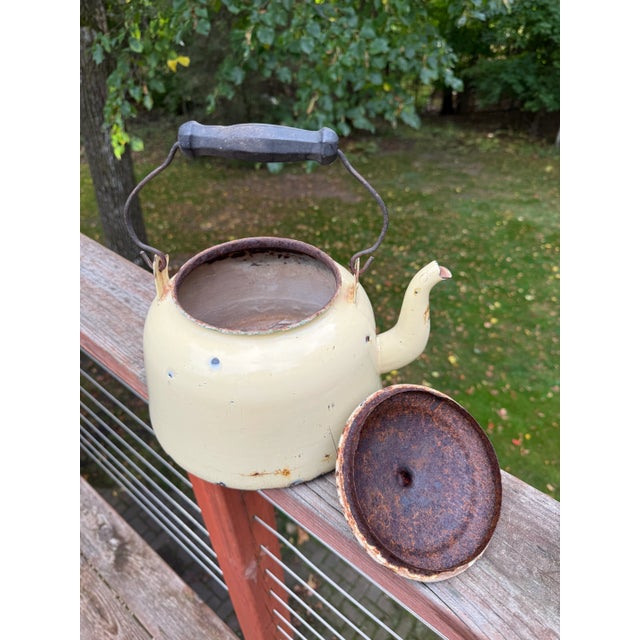 20th Century Rustic Enamel Yellow Tea Kettle Cottage Decor or Planter For Sale - Image 14 of 16