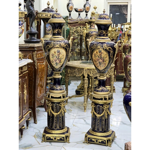 2010s Pair of Sevres-Style Porcelain Vases on Pedestals For Sale - Image 5 of 10