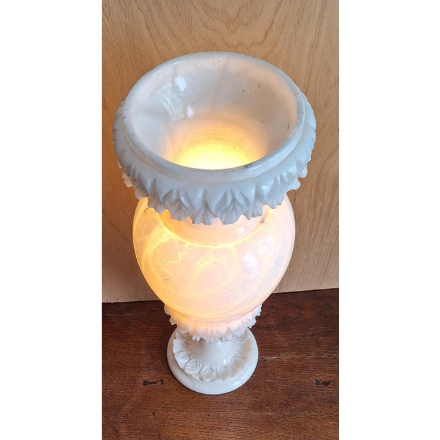 Large Vintage Mood Table Lamp in White Carved Alabaster, 1970s For Sale - Image 6 of 7