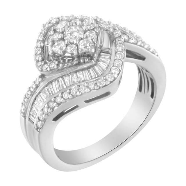 Contemporary 14K White Gold 1.0 Cttw Baguette & Brilliant-Cut Diamond Round Floral Cluster Engagement or Fashion Ring with Swirl Wrapped Triple Row Band Size 6.75 For Sale - Image 3 of 7