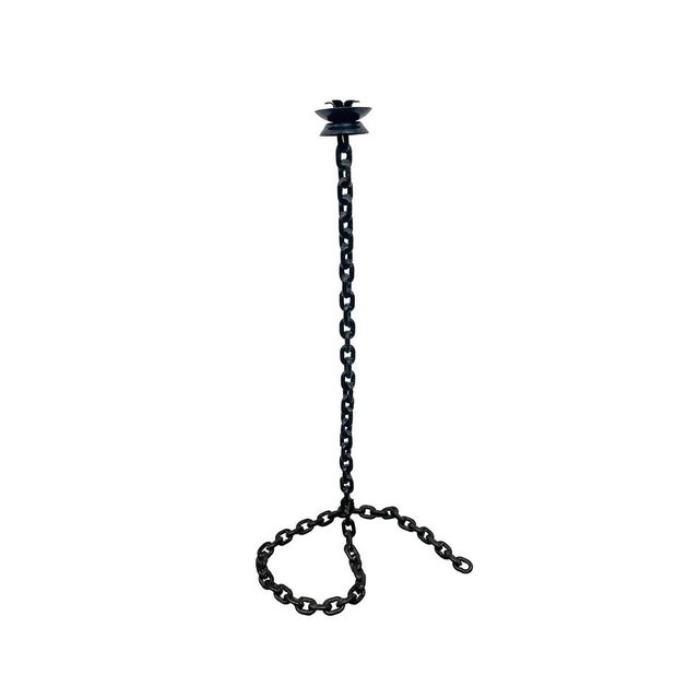 Large Mid-Century welded iron chain candleholder. Unique industrial/brutalist design, finished in a black lacquer....