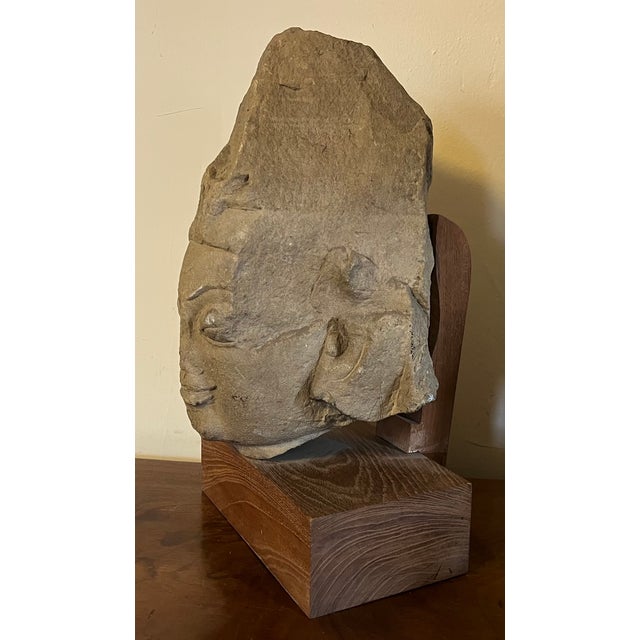 Stone Antique 10th / 11th Century Buff Sandstone Carving - Head or Bust of a Deity - Buddha or a Bodhisattva For Sale - Image 7 of 15