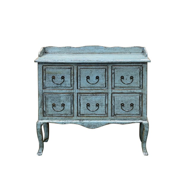 Abstract Distressed Pale Blue Curved Legs 6 Drawers Dresser Credenza Side Table For Sale - Image 3 of 16