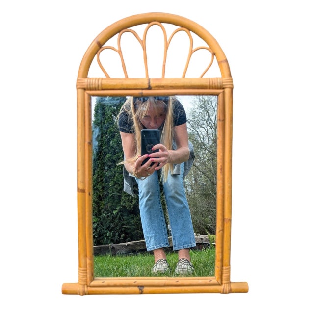 Wood Vintage Bentwood Rattan Arched Wall Mirror For Sale - Image 7 of 12