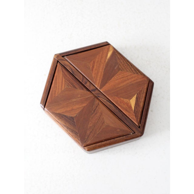 Brown Mid-Century Parquetry Hexagonal Box For Sale - Image 8 of 11