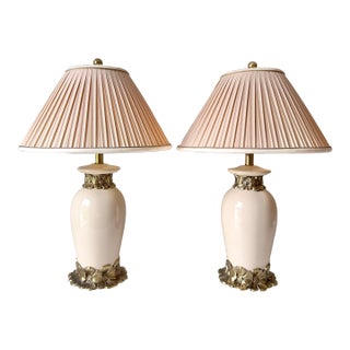 1980s Brass Daisy and Porcelain Lamps; A Pair For Sale
