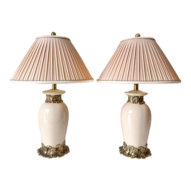 1980s Brass Daisy and Porcelain Lamps; A Pair For Sale