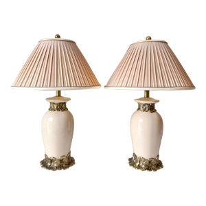 1980s Brass Daisy and Porcelain Lamps; A Pair