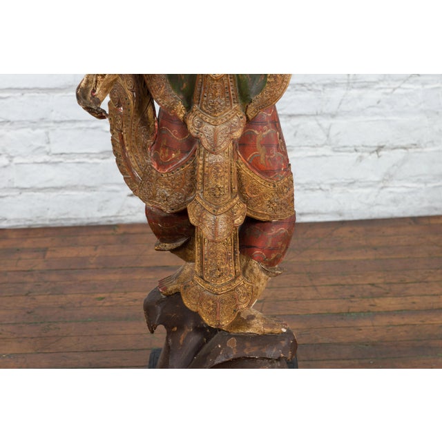 19th Century Balinese Hand-Carved & Painted Wooden Young Dancer Sculpture For Sale - Image 9 of 12