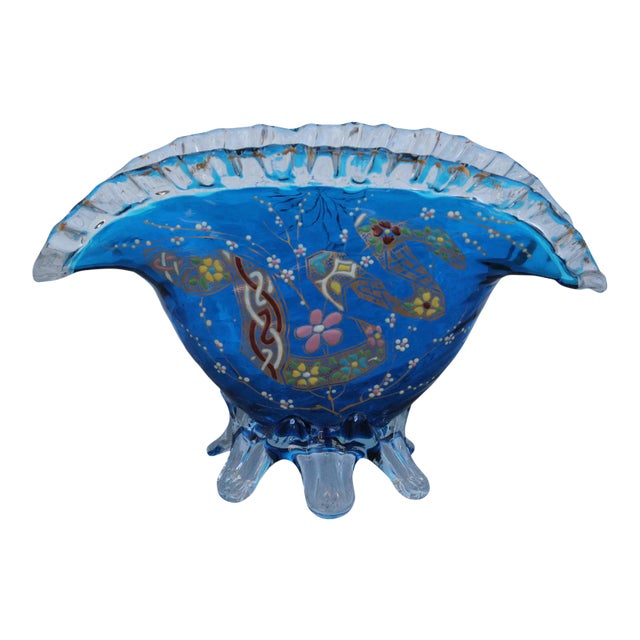 Coupe Blue Fan Art Nouveau Enamelled Glass Gilt Art Nouveau Vase For Sale