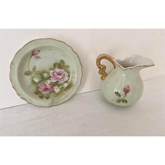 Ceramic Mid 20th Century Lefton China "Heritage Green Rose" Mini Pitcher and Bowl/Saucer Set For Sale - Image 7 of 10