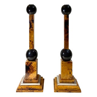 Maitland Smith Style Faux Tortoiseshell and Stainless Steel Candle Holders - A Pair For Sale