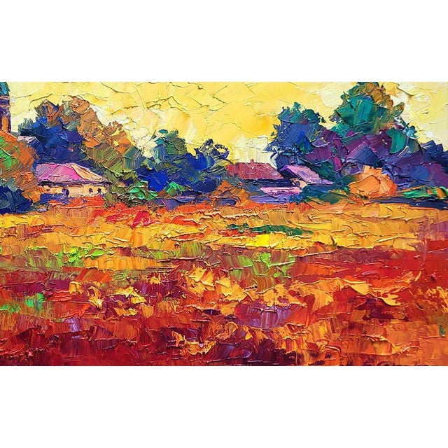 Textile Oil Painting Sunset Over the Village Boris Serdyuk For Sale - Image 7 of 7