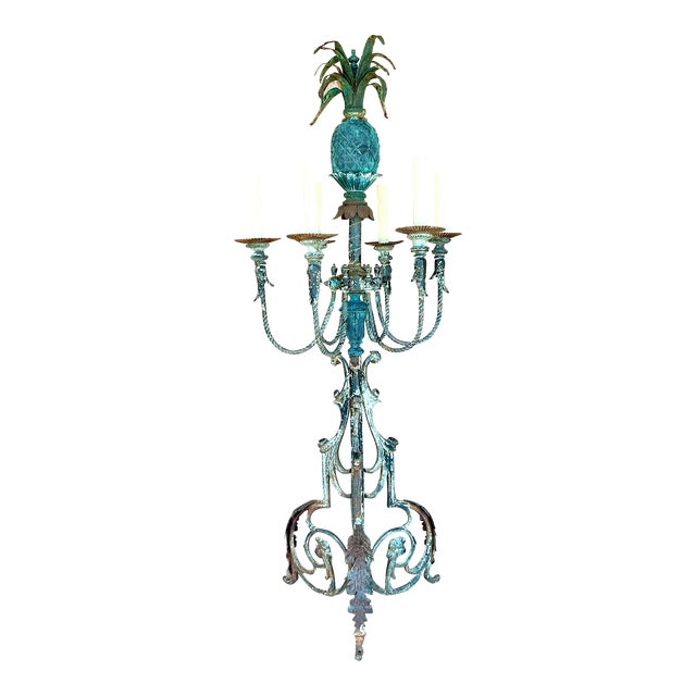 Vintage Coastal Wrought Iron Verdigris Pineapple Lamp For Sale