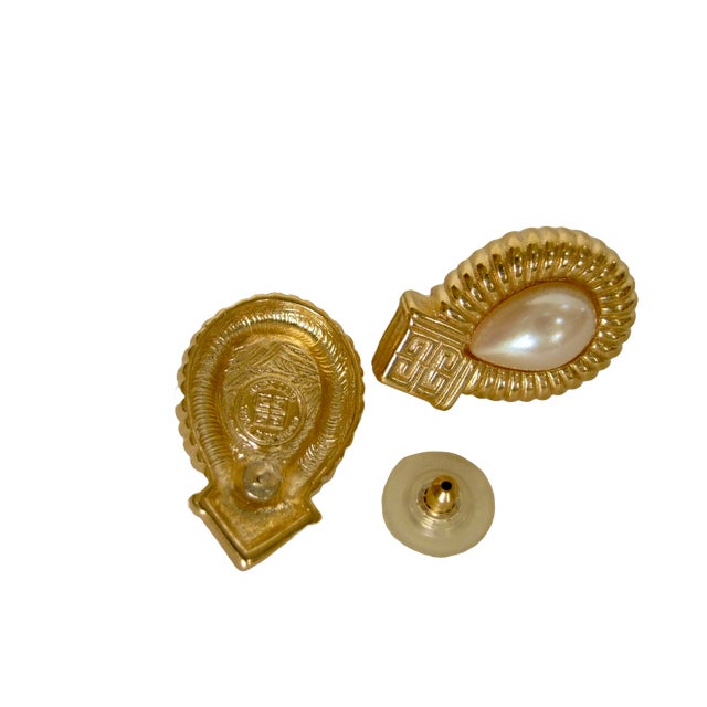 Modern 1980s Givenchy Carved Gold Plated Framed Glass Pearl Earrings, 2 Pieces For Sale - Image 3 of 3