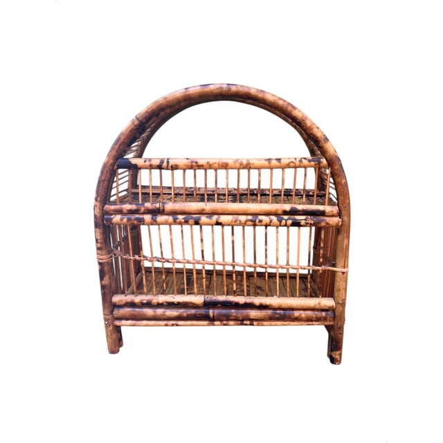 Boho Chic Early-Mid 20th Century Palm Beach Modern Tortoise Shell Burnt and Split Bamboo Table Shelf or Etegere For Sale - Image 3 of 6