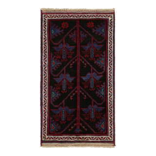 1950s Vintage Baluch Afghan Rug in Black With Red & Blue Patterns by Rug & Kilim For Sale