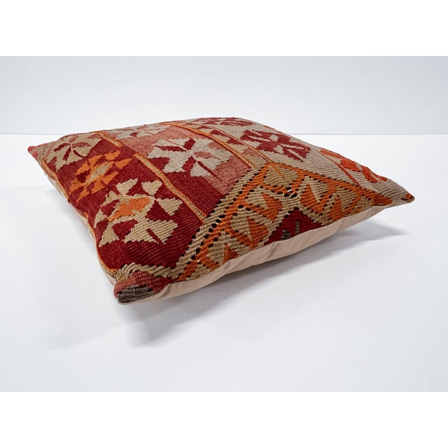 Orange Vintage Turkish Kilim Pillow | Handwoven Wool Decorative Cushion | 16 in X 16 In For Sale - Image 8 of 10