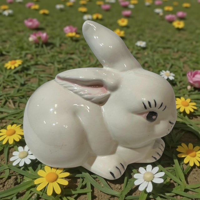 This is a white hand-painted ceramic bunny with a pink nose and black facial and body accents. Signed EJD 1985. Perfect...