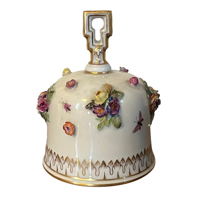 Antique 19th Century Meissen Porcelain Table Bell With Applied Flowers and Hand Painted Insects For Sale
