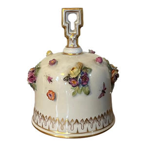 Antique 19th Century Meissen Porcelain Table Bell With Applied Flowers and Hand Painted Insects
