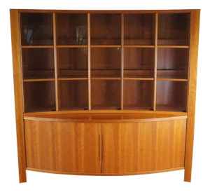 Danish Mid 20th Century Modern Teak Curved China Display Cabinet Curio Tambour Doors, Attributed