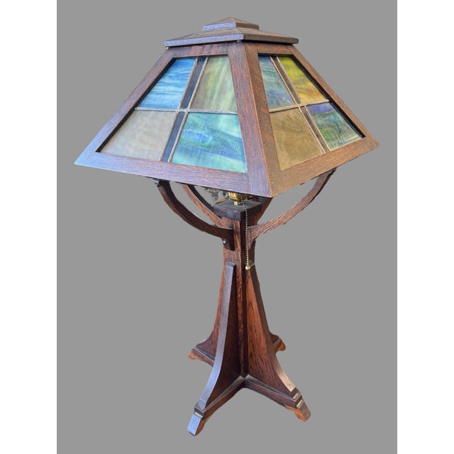 Antique Mission Oak Arts & Crafts Style Leaded Glass Table Lamp For Sale - Image 10 of 12