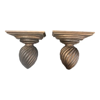A Pair of Corbel Shaped 19th Century Oak Wall Brackets Acorn Finial Shelves For Sale