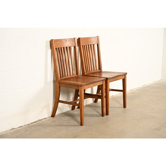 Early 20th Century Limbert Style Antique Mission Oak Arts & Crafts Spindle Back Side Chairs or Dining Chairs, Pair For Sale - Image 5 of 14
