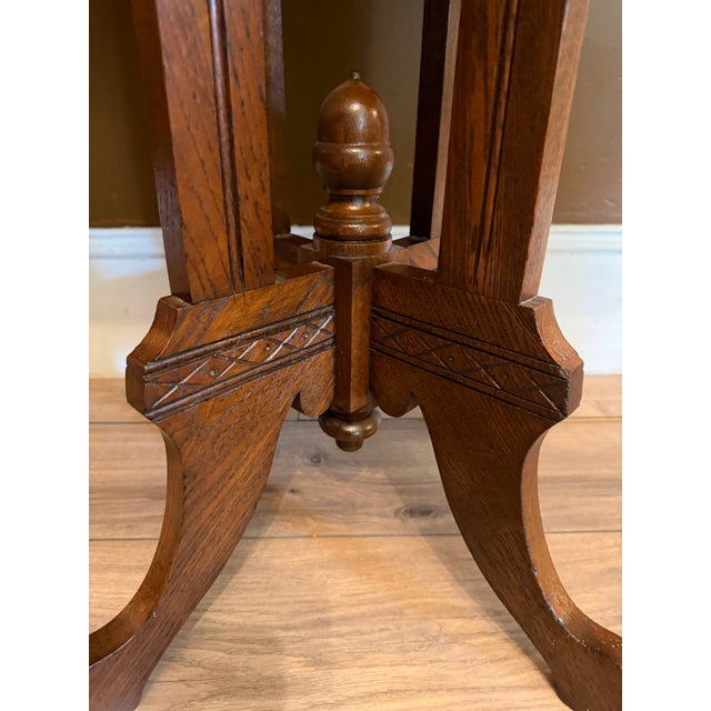 Antique Eastlake Victorian Oak Parlor Side Table With Carved Pedestal Base and Acorn Finial For Sale - Image 11 of 15