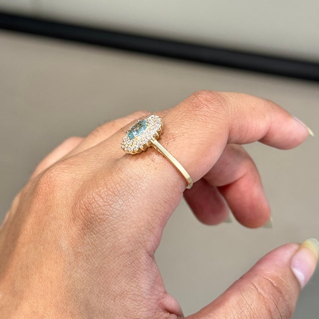 14k Yellow Gold 1.18 Ct Oval Paraiba Tourmaline & Diamond Double Halo Ring Size 5.5 For Sale - Image 9 of 18