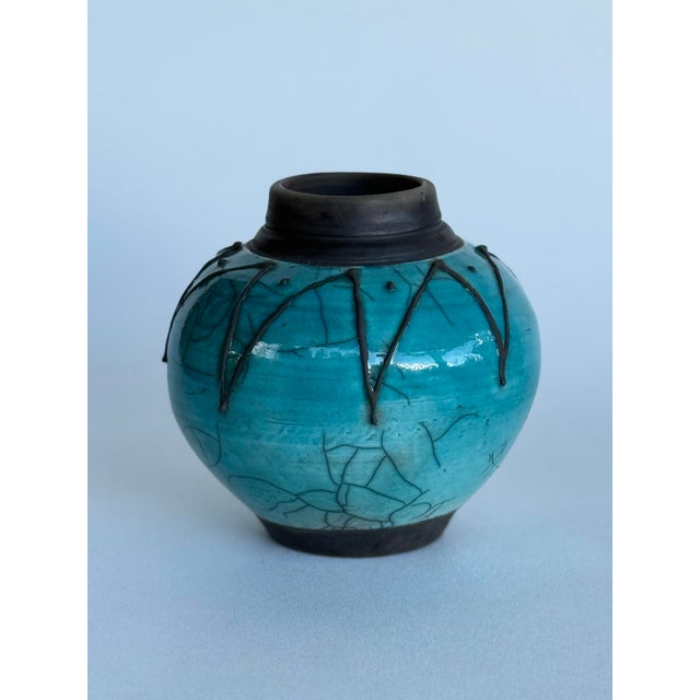 Aqua 1980's Glazed Studio Pottery Vase Signed For Sale - Image 8 of 9