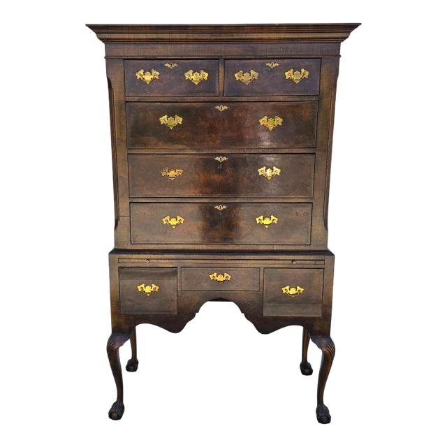 Antique Walnut Highboy Dresser Desk With Pullout Writing Surface For Sale