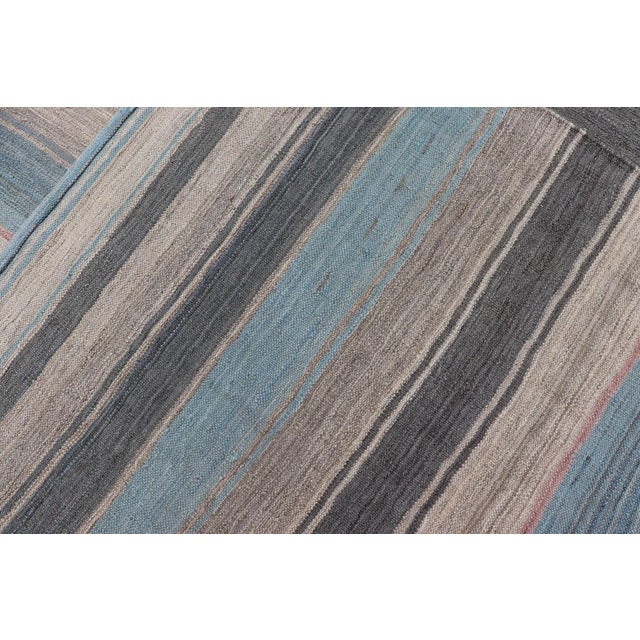 Modern Kilim Rug With Large Stripes in Shades of Blue Taupe Gray For Sale - Image 12 of 13