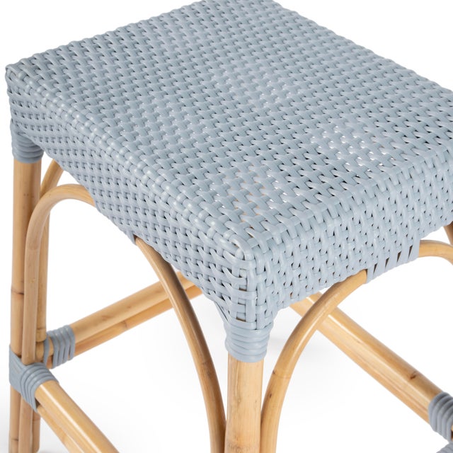 Robias 24.5 in. Seat Height Rectangular Rattan Backless Counter Stool with Footrest, Baby Blue/ Natural Rattan Frame For Sale In Chicago - Image 6 of 9