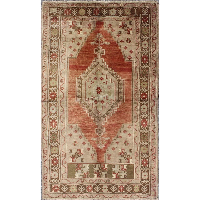 Textile Vintage Oushak Rug With Geometric Motifs in Terracotta, Green and Tan For Sale - Image 7 of 7