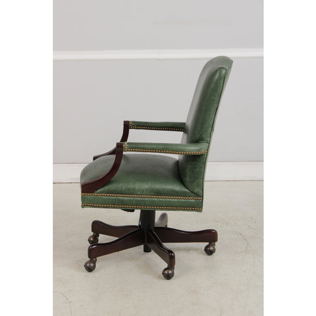 1980s Vintage Green Leather Mahogany Swivel Desk Chair For Sale - Image 5 of 13