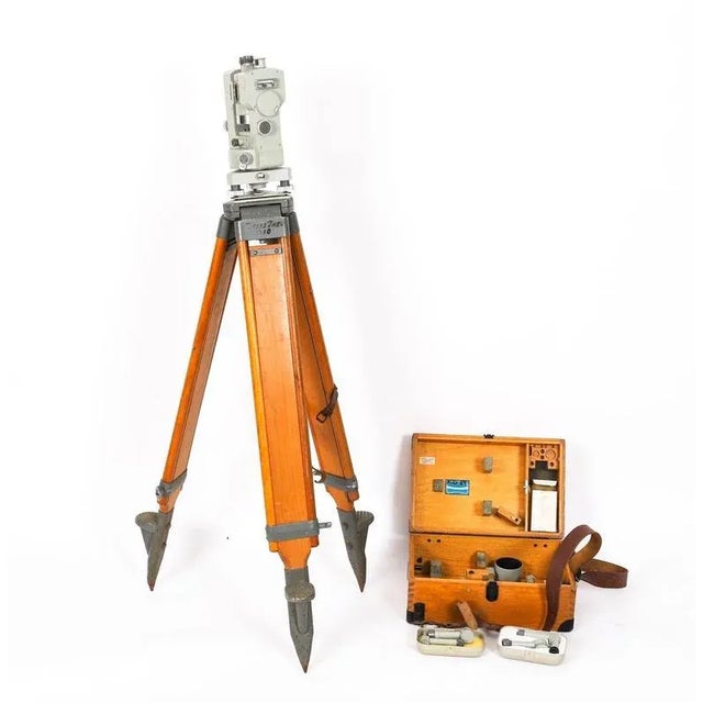 A stunning and highly decorative carl zeiss 'theo 010' theodolite numbered 223278. Complete with a fitted oak case and oak...