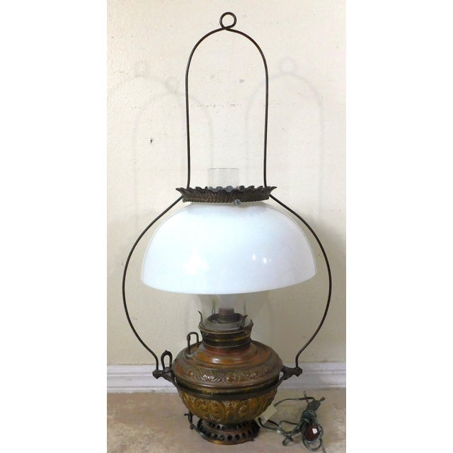 Antique C1887 Bradley & Hubbard Milk Glass Cast Iron Hanging Lantern Electrified Lamp For Sale - Image 9 of 15