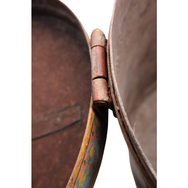 Antique Indonesian Handcrafted Metal Storage Vessel With Hand-Painted Floral Cartouches & Ornamental Hardware For Sale - Image 14 of 18