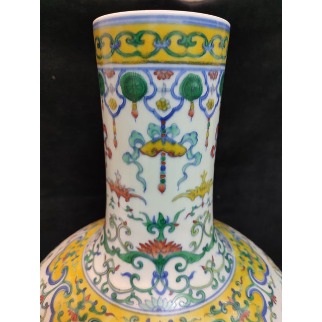 Yellow Chinese Ceramic Vase Qing Dynasty Qianlong Marked Doucai Porcelain Tianqiu Vase Hand Painted Hidden Eight Immortals Pattern For Sale - Image 8 of 11