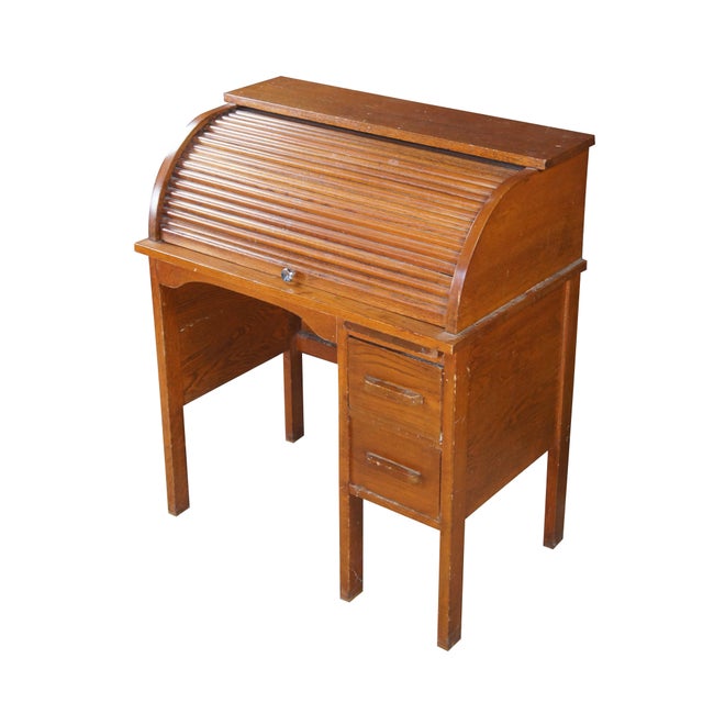 Victorian Antique Victorian Oak Childs Cylinder Roll Top Library Writing School Desk Table For Sale - Image 3 of 12