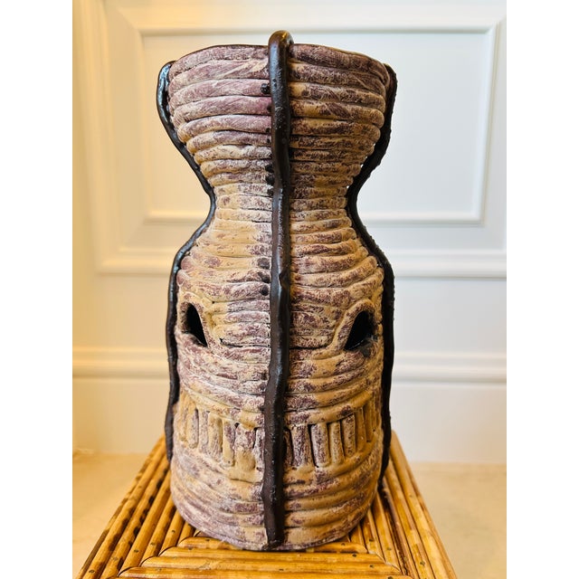 Rustic Vintage Signed Coiled Terracotta Vase With Piercings and Glazed Brown Accents For Sale - Image 3 of 13