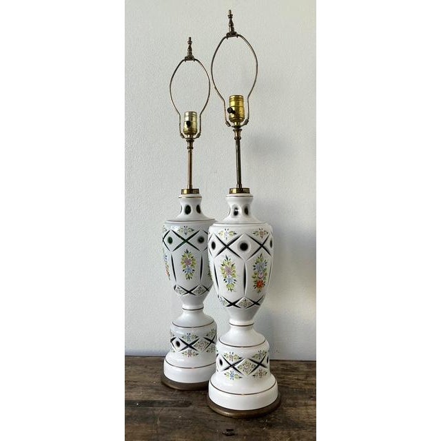White Vintage Cut Colored Glass Lamps - A Pair For Sale - Image 8 of 12