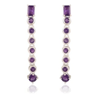Stunning 925 Silver Linear Long Danglers With Purple Amethyst Gemstones - 2 Piece For Sale