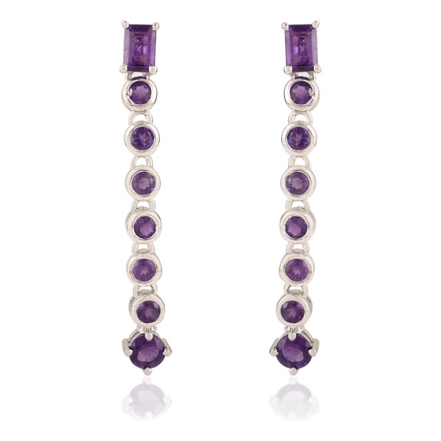 Stunning 925 Silver Linear Long Danglers With Purple Amethyst Gemstones - 2 Piece For Sale